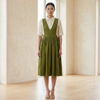 Olive Green 100% Cotton V-Neck Pinafore Midi Wrap Dress