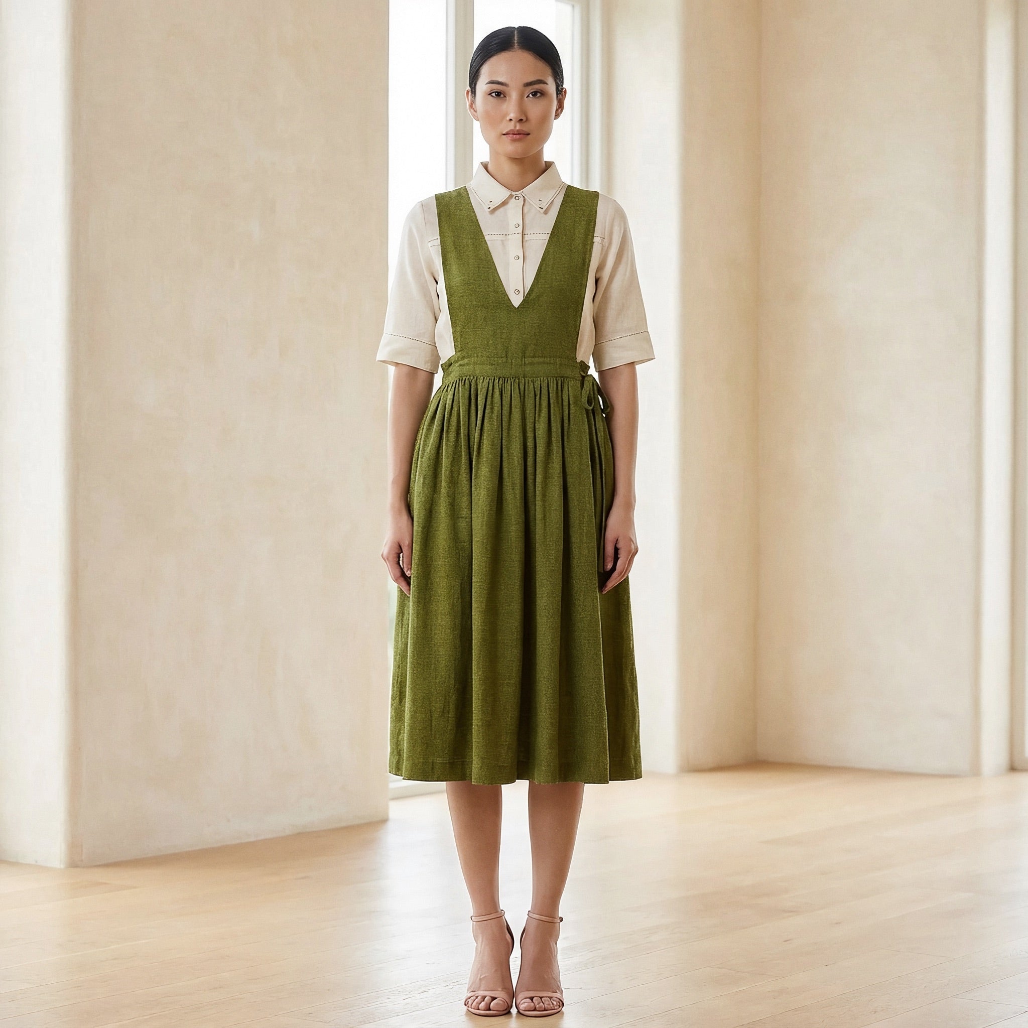 Olive Green 100% Cotton V-Neck Pinafore Midi Wrap Dress