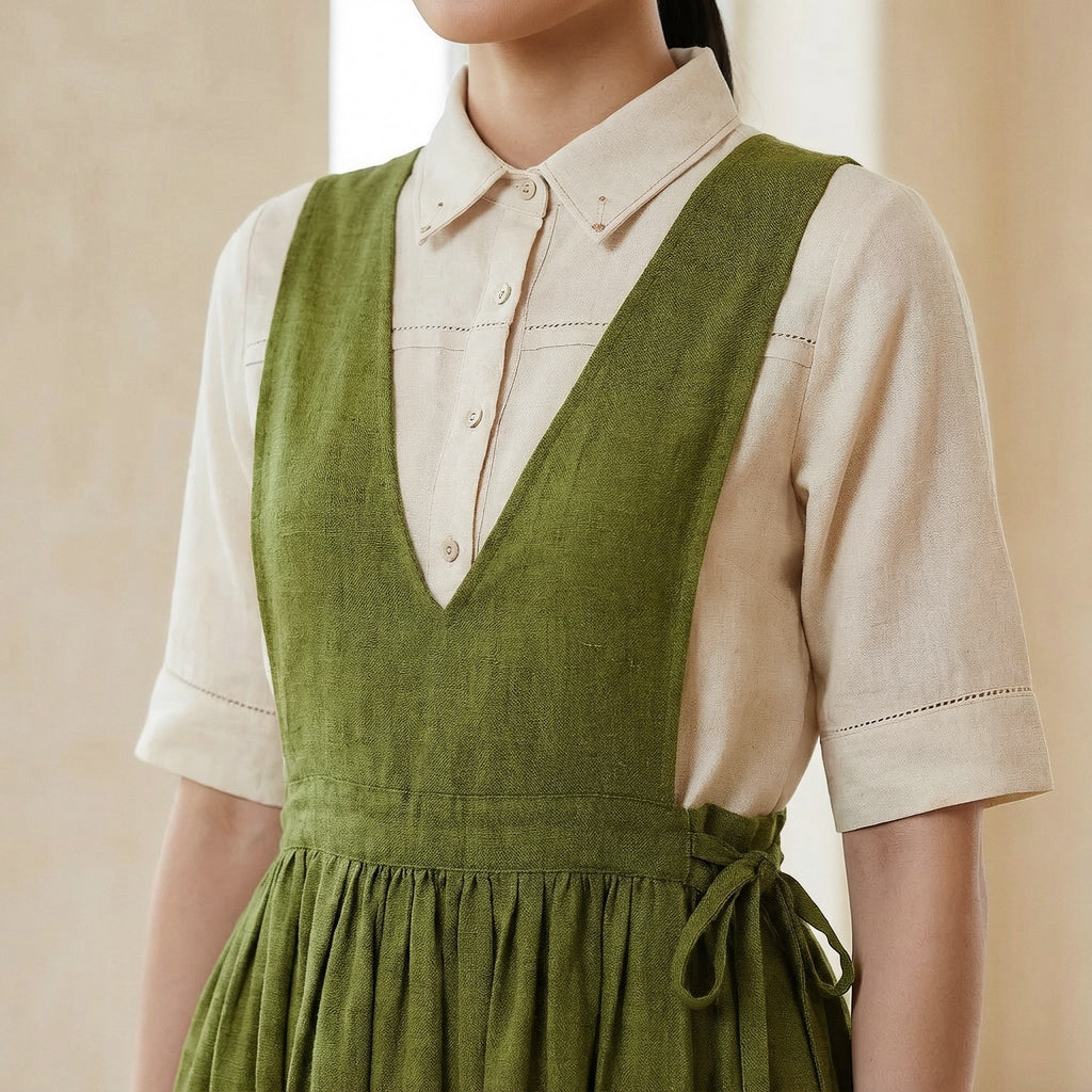 Olive Green 100% Cotton V-Neck Pinafore Midi Wrap Dress