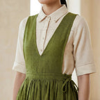 Olive Green 100% Cotton V-Neck Pinafore Midi Wrap Dress
