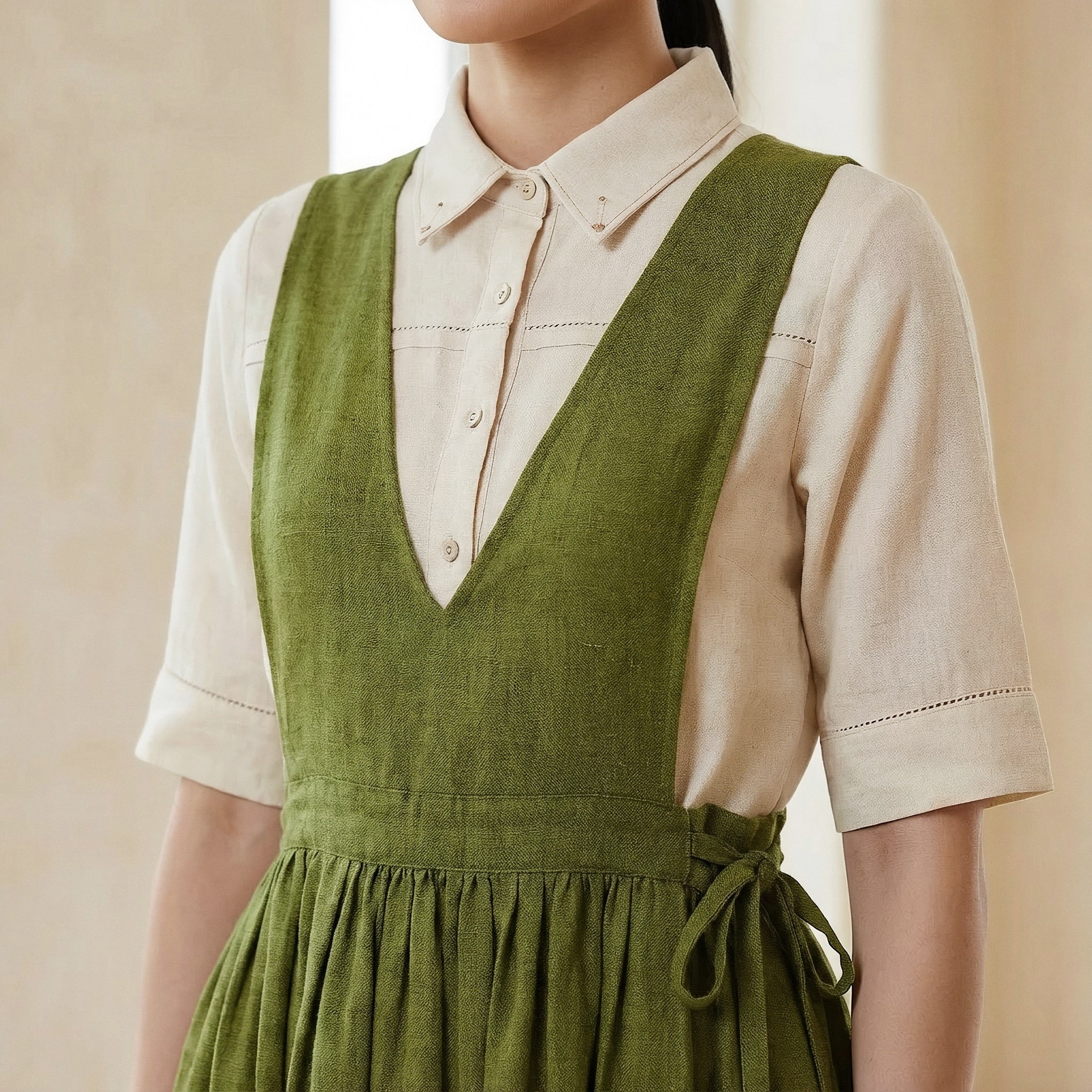 Olive Green 100% Cotton V-Neck Pinafore Midi Wrap Dress
