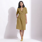 Front View of a Model wearing Olive Green Cotton Waffle Knee Length Coat Dress