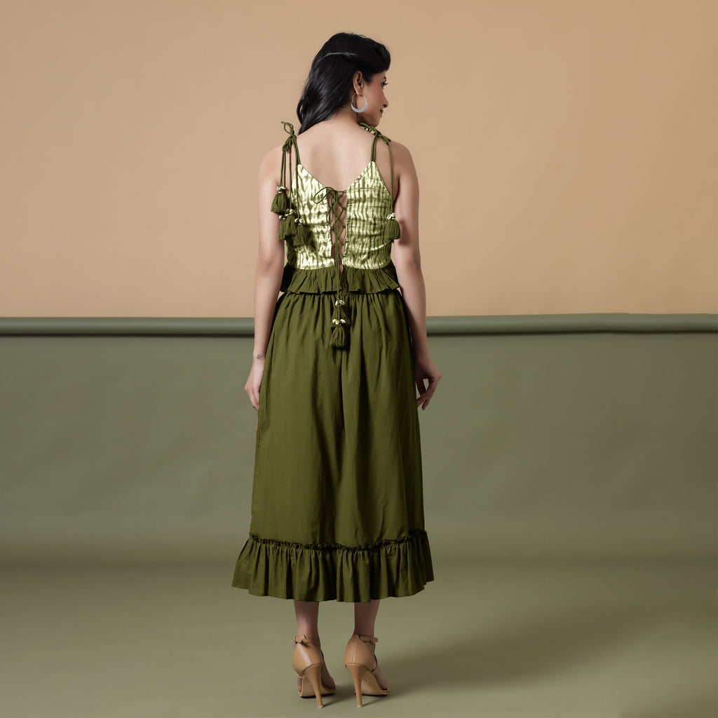 Back View of a Model wearing Olive Green A-Line Ruffled Cotton Skirt
