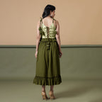 Back View of a Model wearing Olive Green A-Line Ruffled Cotton Skirt