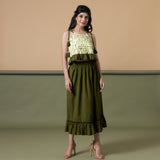 Front View of a Model wearing Olive Green A-Line Ruffled Cotton Skirt