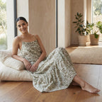 Olive Green Block Print Cotton Drop-Waist Camisole Maxi Tier Dress