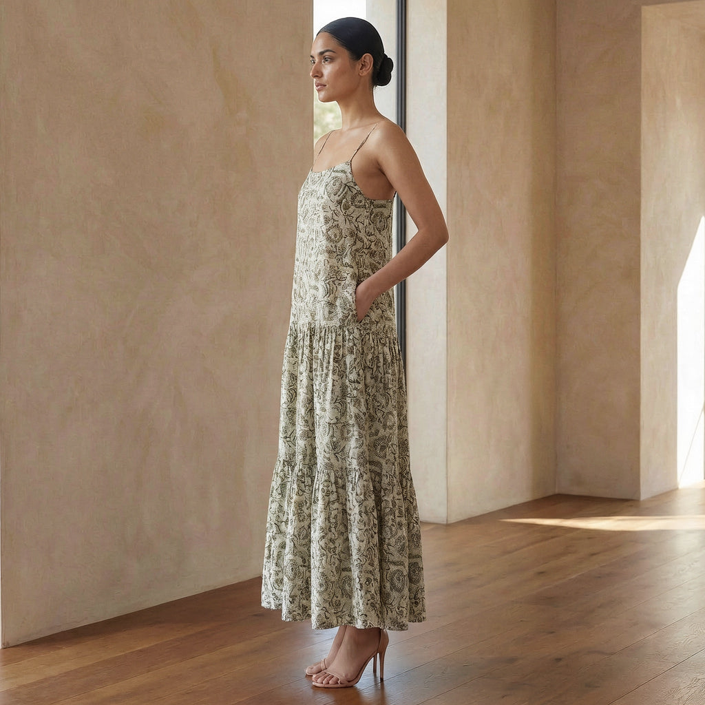 Olive Green Block Print Cotton Drop-Waist Camisole Maxi Tier Dress