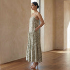 Olive Green Block Print Cotton Drop-Waist Camisole Maxi Tier Dress
