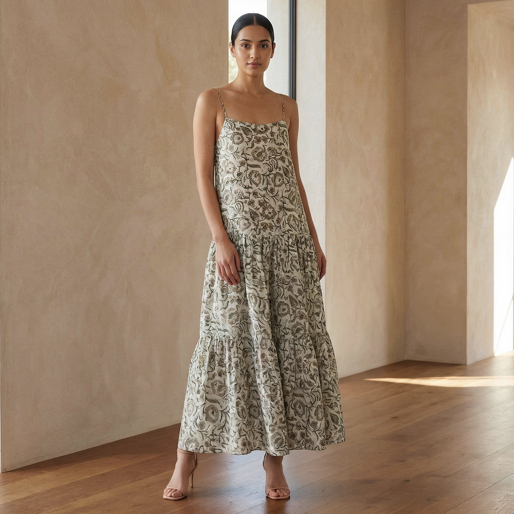 Olive Green Block Print Cotton Drop-Waist Camisole Maxi Tier Dress