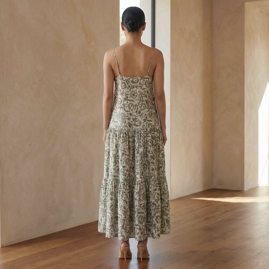 Olive Green Block Print Cotton Drop-Waist Camisole Maxi Tier Dress
