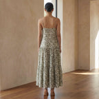 Olive Green Block Print Cotton Drop-Waist Camisole Maxi Tier Dress