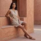Olive Green Block Print Cotton Sleeveless A-Line Short Shift Dress