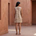 Olive Green Block Print Cotton Sleeveless A-Line Short Shift Dress