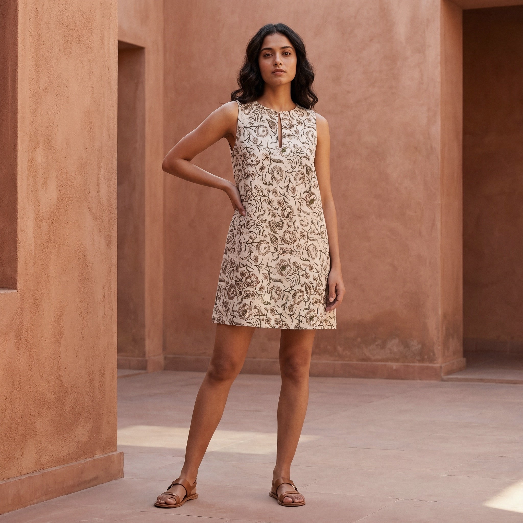 Olive Green Block Print Cotton Sleeveless A-Line Short Shift Dress