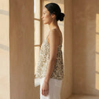 Olive Green Block Printed Cotton Spaghetti Strap Top with Elastic Gathered Back