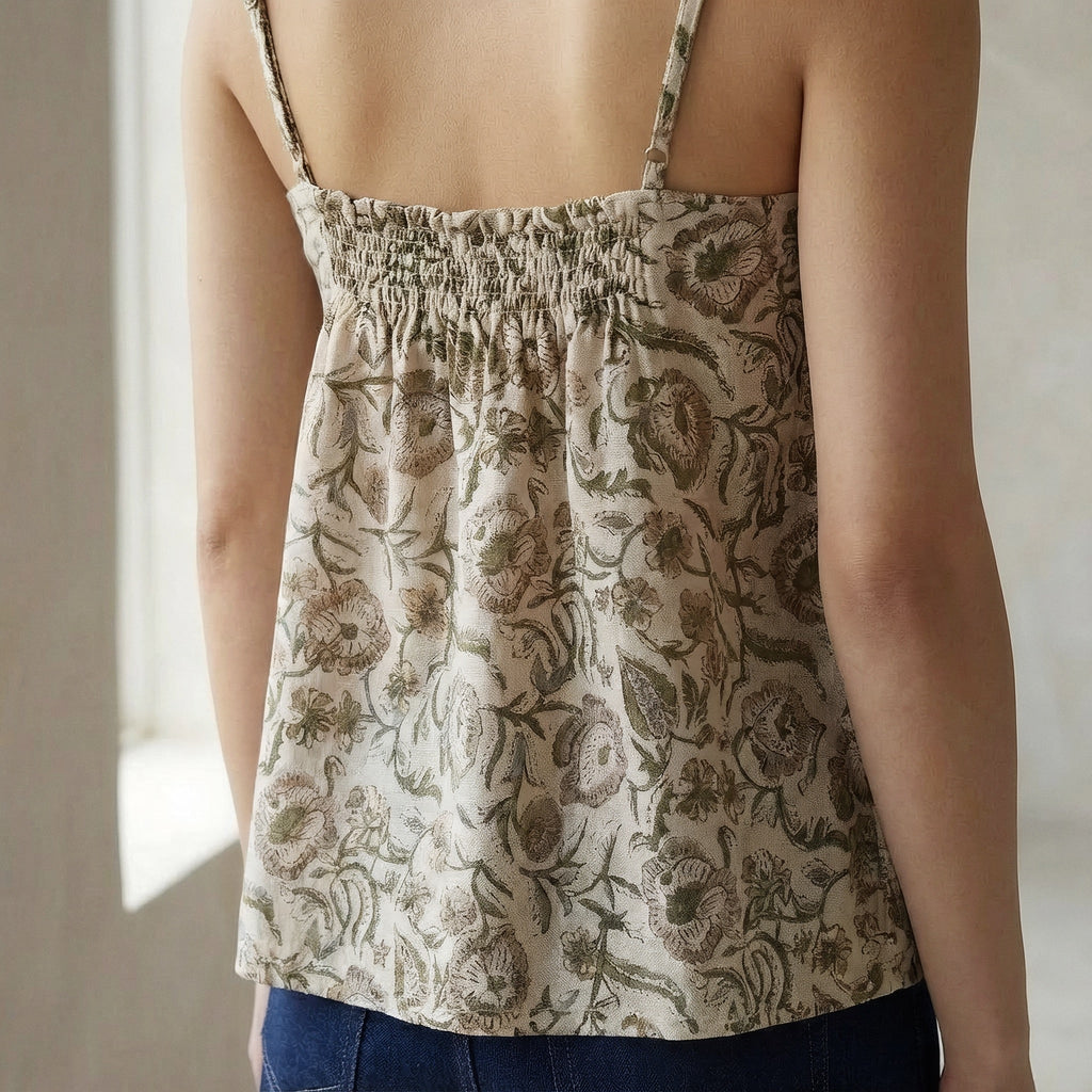 Olive Green Block Printed Cotton Spaghetti Strap Top with Elastic Gathered Back