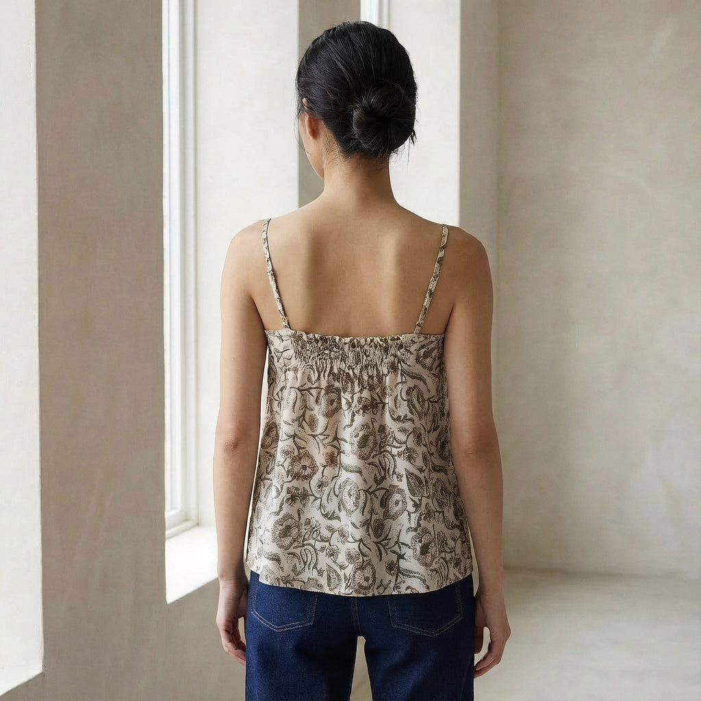 Olive Green Block Printed Cotton Spaghetti Strap Top with Elastic Gathered Back