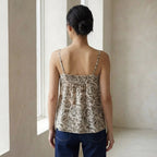 Olive Green Block Printed Cotton Spaghetti Strap Top with Elastic Gathered Back