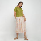 Front View of a Model wearing Olive Green Boat Neck Half Sleeve Cotton Top