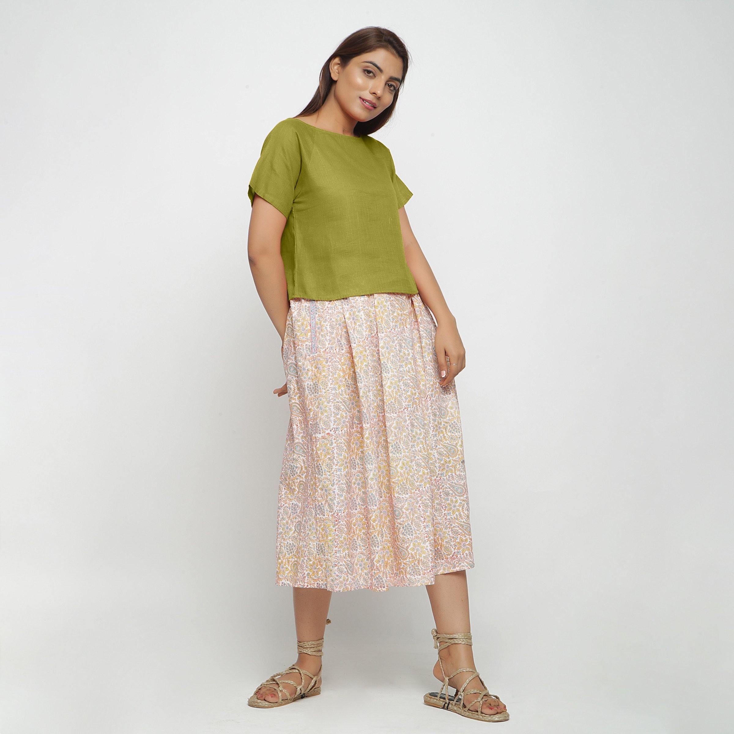 Front View of a Model wearing Olive Green Boat Neck Half Sleeve Cotton Top