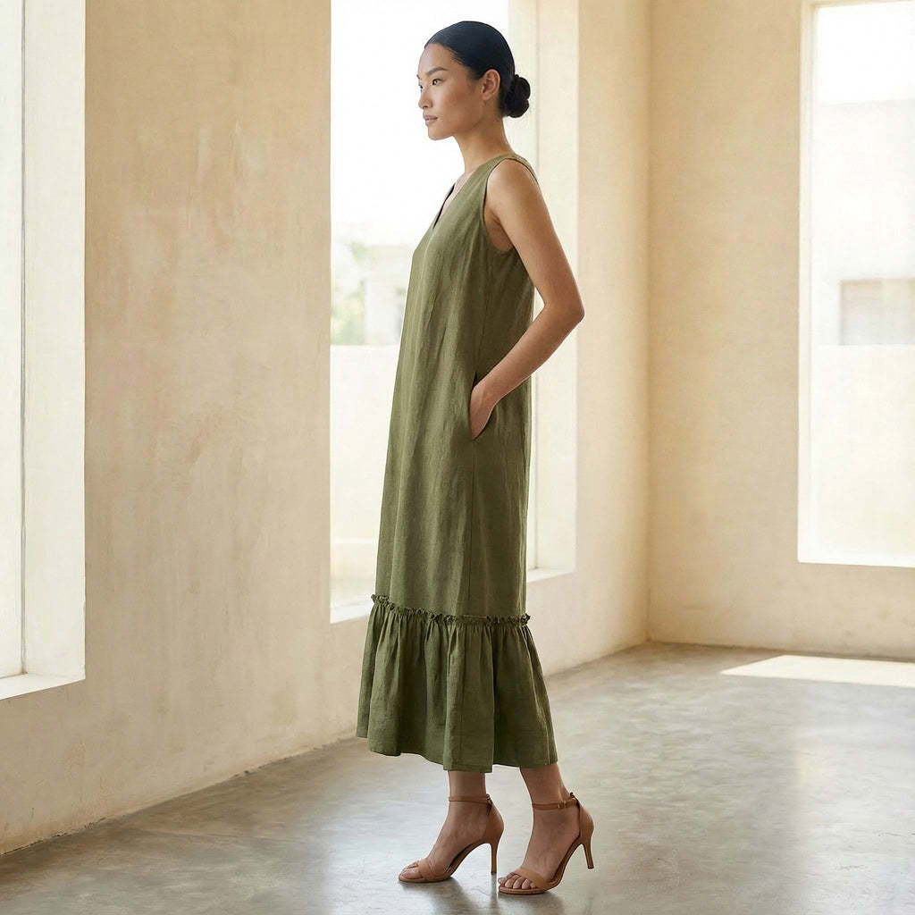 Olive Green Cotton Flax A-Line V-Neck Sleeveless Maxi Tier Dress