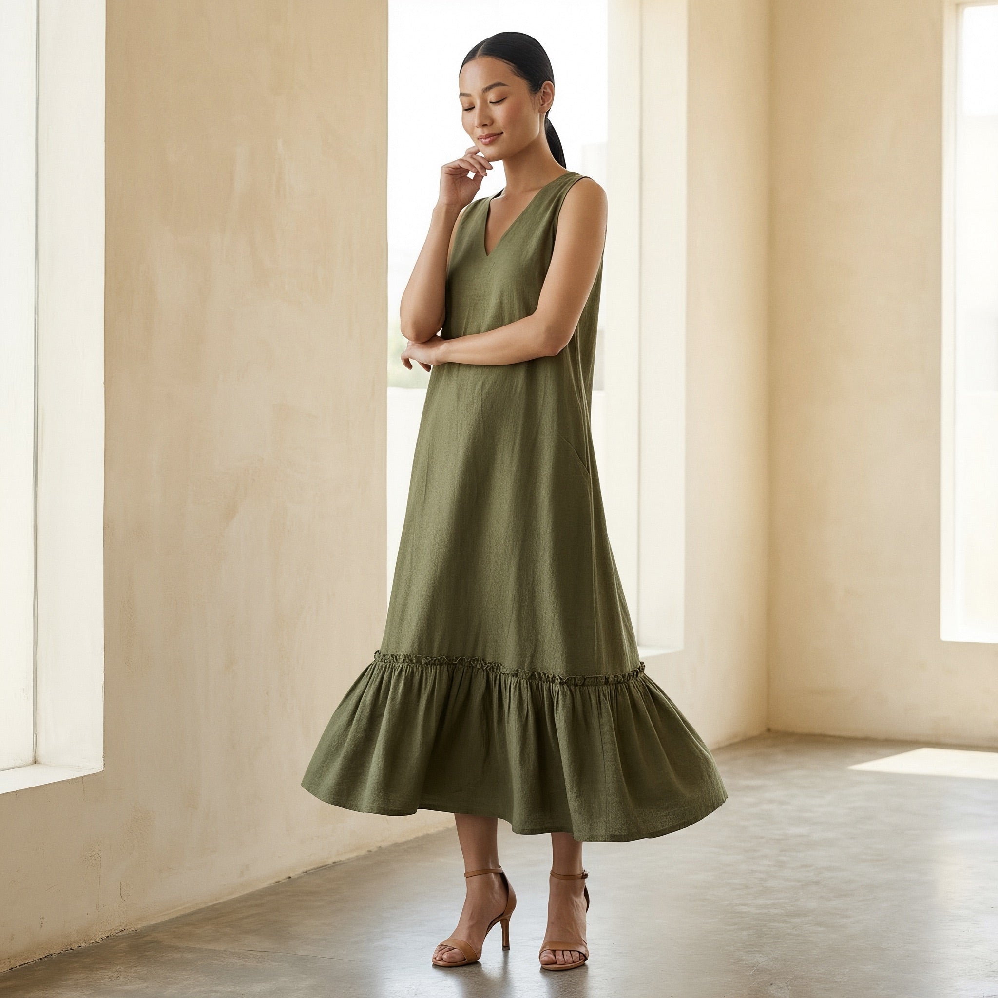 Olive Green Cotton Flax A-Line V-Neck Sleeveless Maxi Tier Dress
