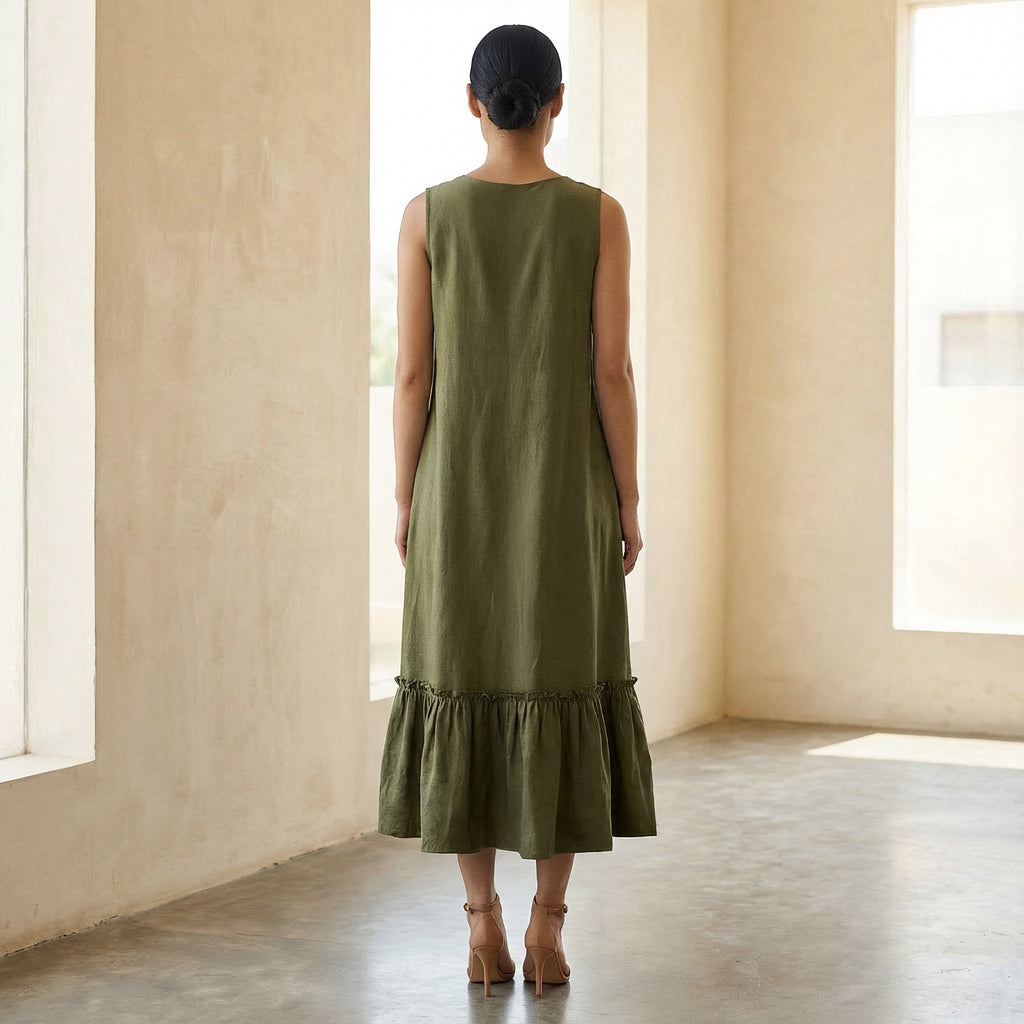 Olive Green Cotton Flax A-Line V-Neck Sleeveless Maxi Tier Dress