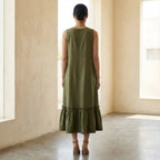 Olive Green Cotton Flax A-Line V-Neck Sleeveless Maxi Tier Dress