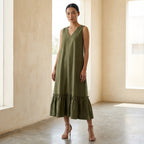 Olive Green Cotton Flax A-Line V-Neck Sleeveless Maxi Tier Dress