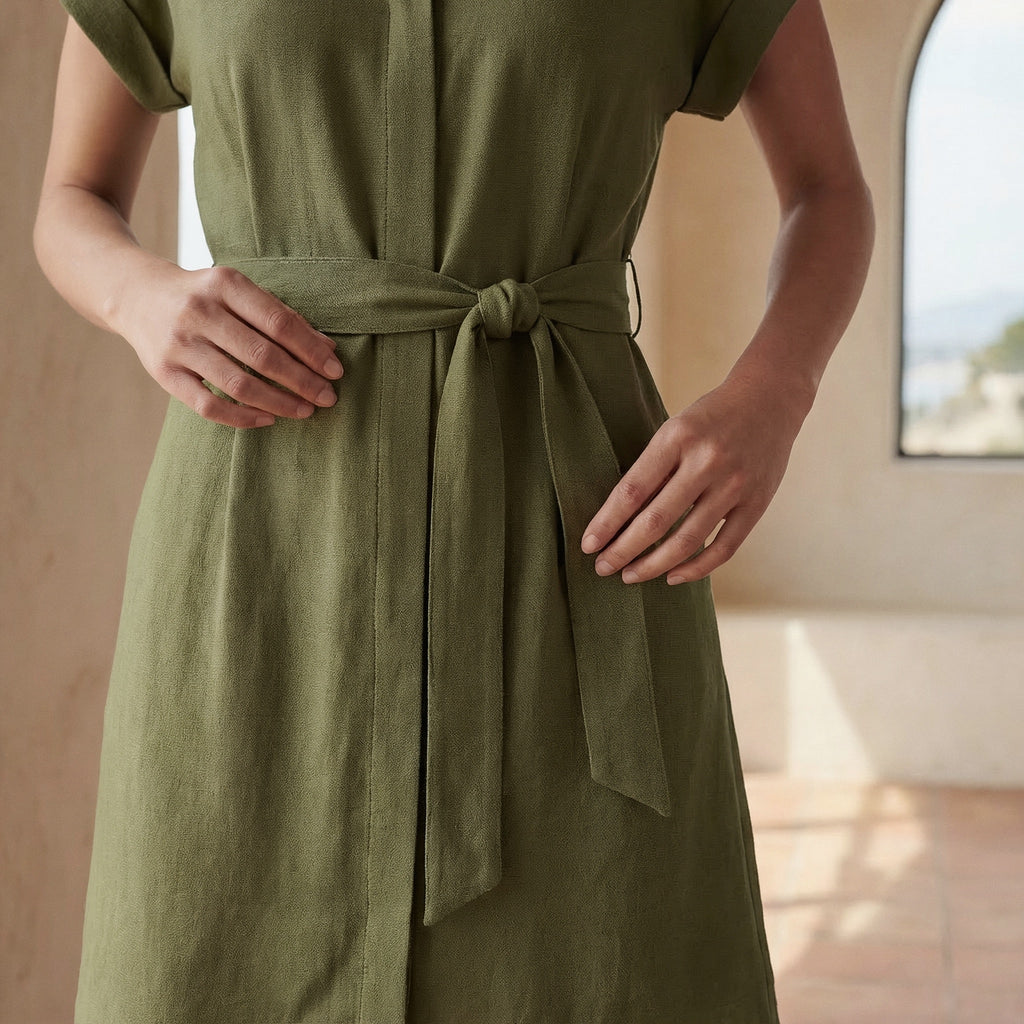 Olive Green Cotton Flax A-Line Short Dress with Belt