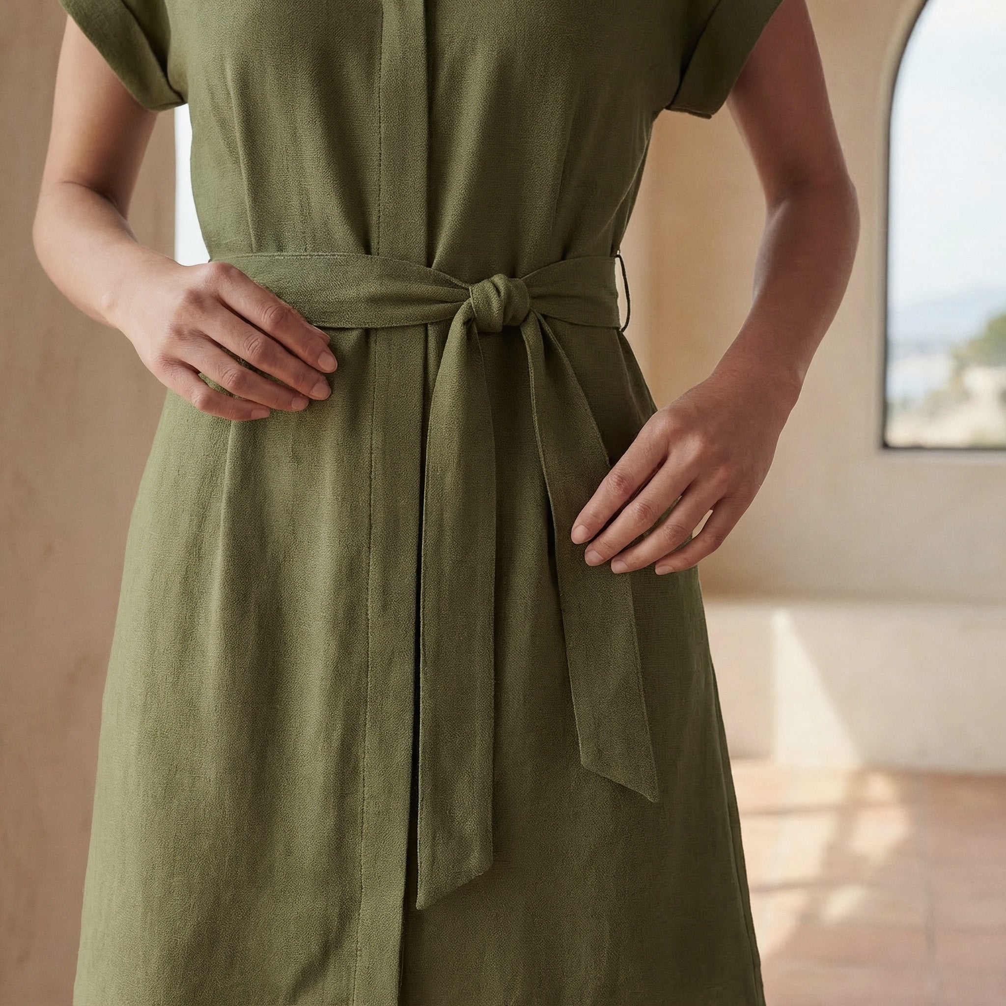 Olive Green Cotton Flax A-Line Short Dress with Belt