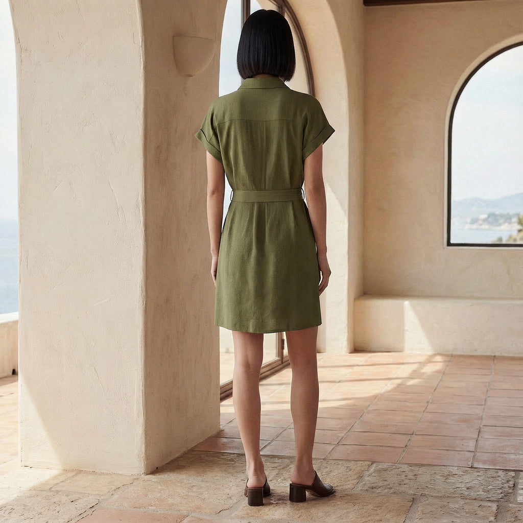 Olive Green Cotton Flax A-Line Short Dress with Belt