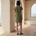 Olive Green Cotton Flax A-Line Short Dress with Belt