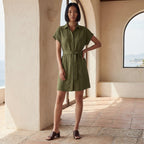 Olive Green Cotton Flax A-Line Short Dress with Belt