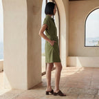 Olive Green Cotton Flax A-Line Short Dress with Belt