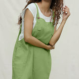 Olive Green Cotton Flax Ankle Length Dungaree Jumpsuit