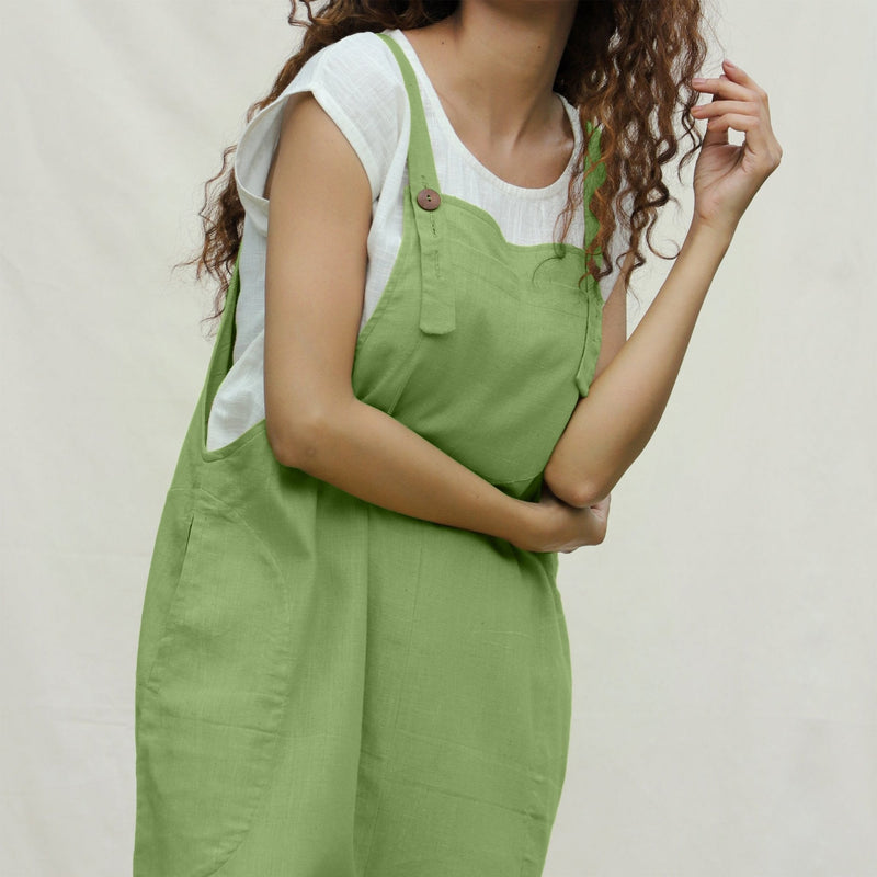 Olive Green Cotton Flax Ankle Length Dungaree Jumpsuit