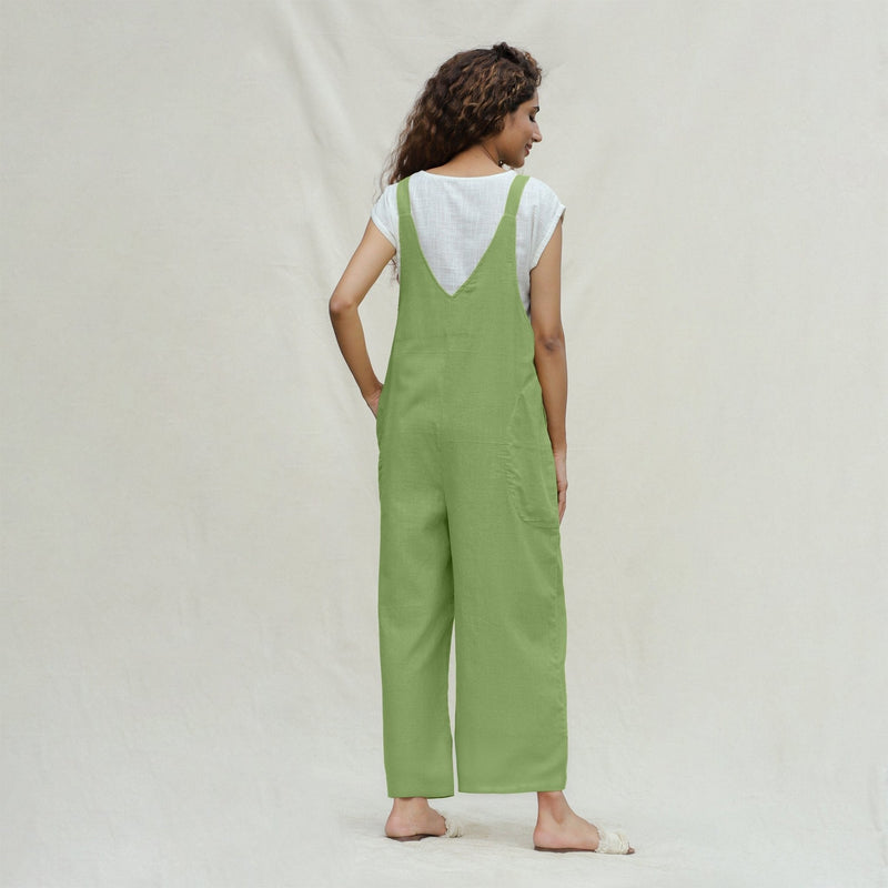 Olive Green Cotton Flax Ankle Length Dungaree Jumpsuit