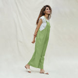 Olive Green Cotton Flax Ankle Length Dungaree Jumpsuit