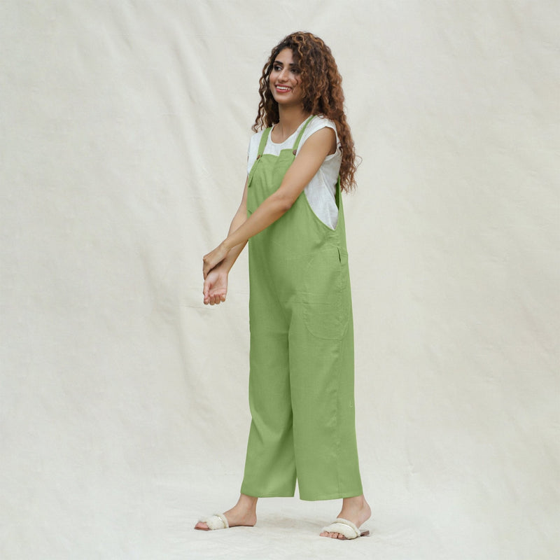 Olive Green Cotton Flax Ankle Length Dungaree Jumpsuit