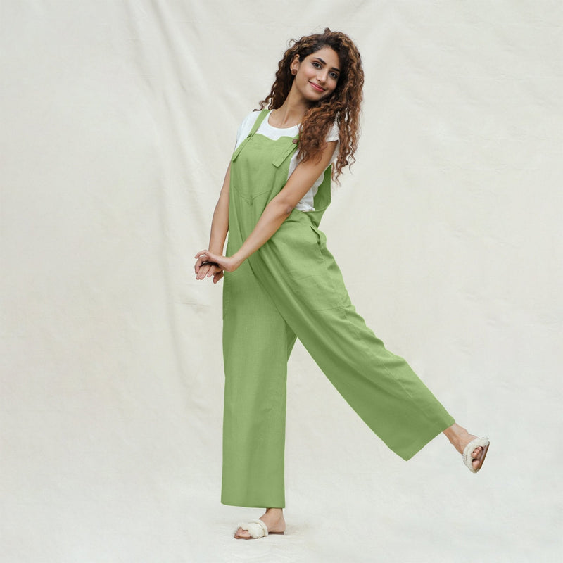 Olive Green Cotton Flax Ankle Length Dungaree Jumpsuit