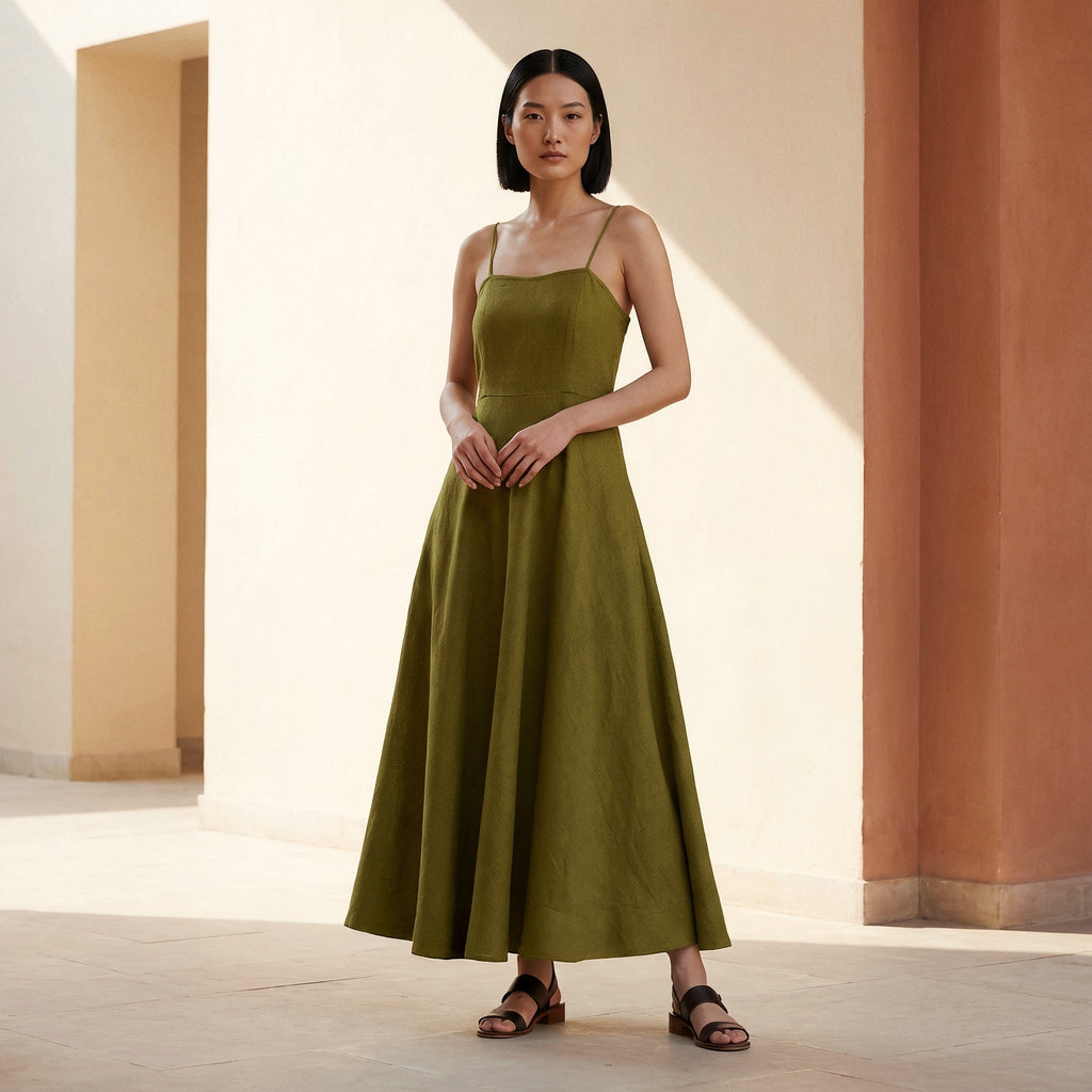 Olive Green Cotton Flax Ankle Length Flared Sundress