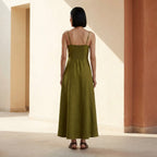 Olive Green Cotton Flax Ankle Length Flared Sundress