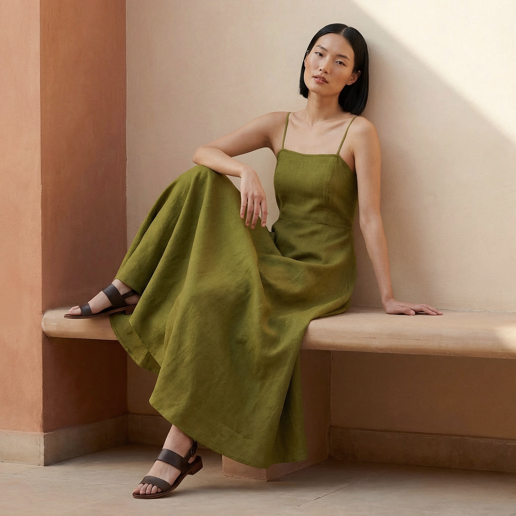 Olive Green Cotton Flax Ankle Length Flared Sundress
