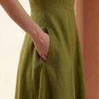 Olive Green Cotton Flax Ankle Length Flared Sundress