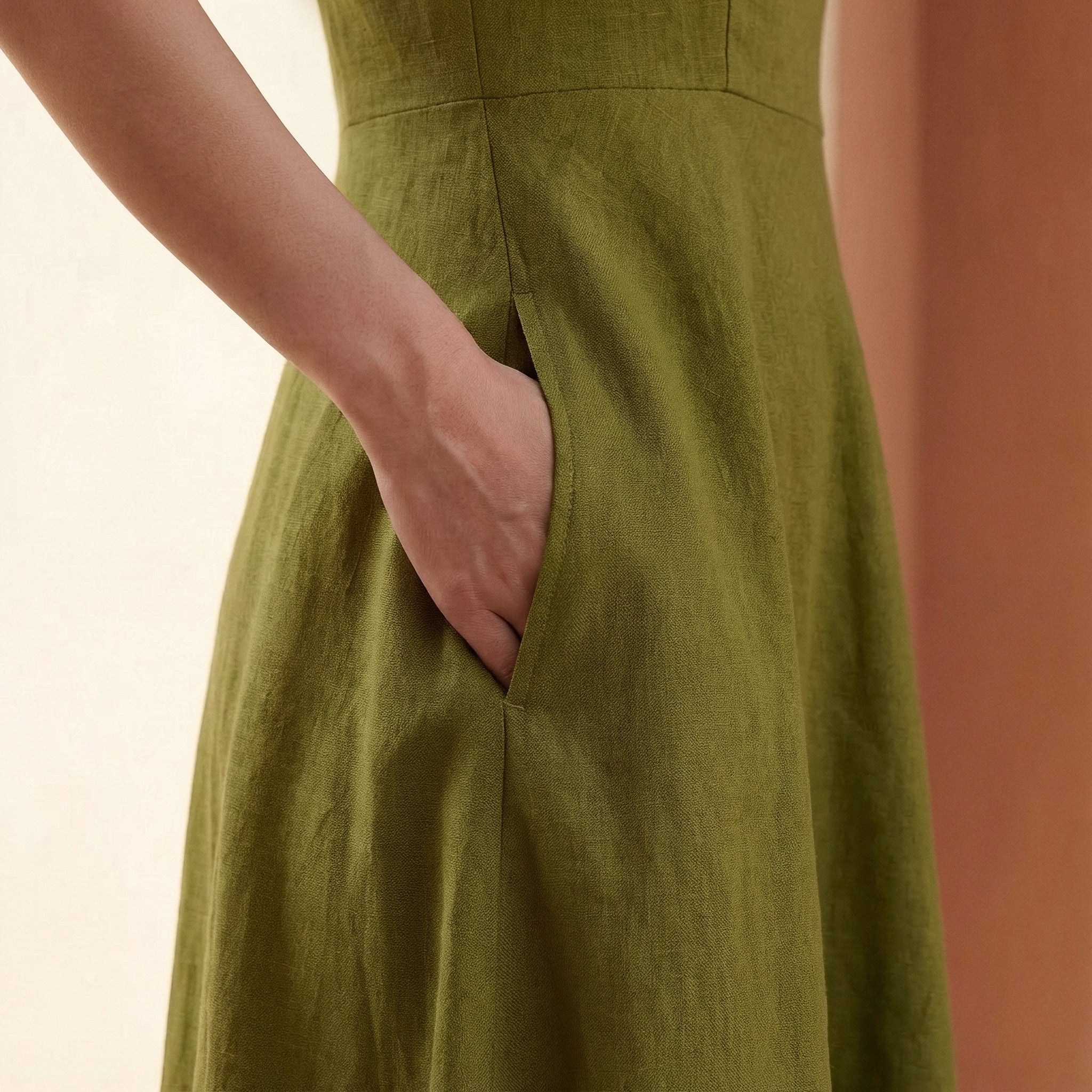Olive Green Cotton Flax Ankle Length Flared Sundress