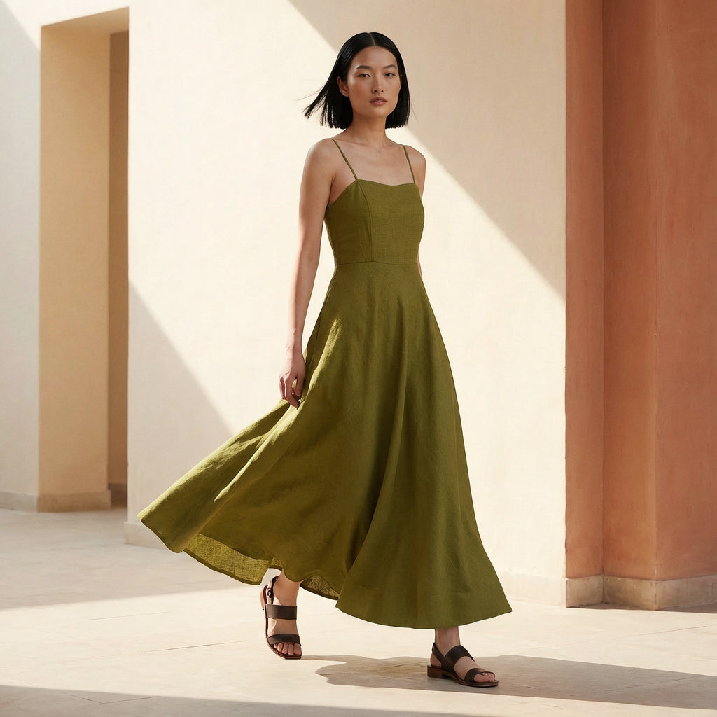 Olive Green Cotton Flax Ankle Length Flared Sundress