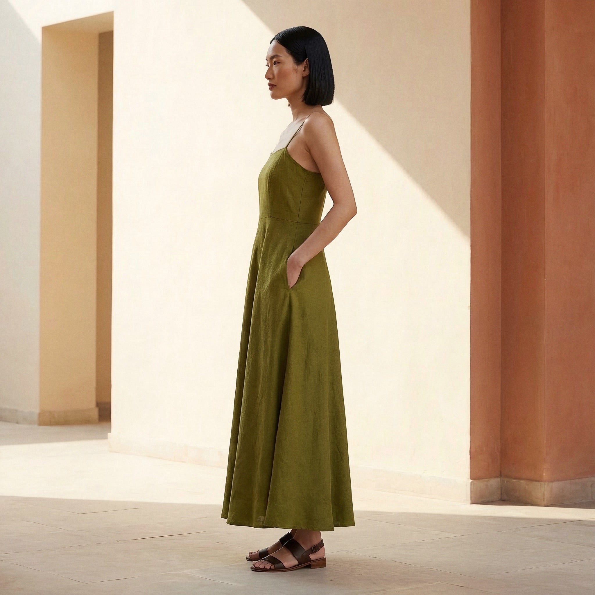 Olive Green Cotton Flax Ankle Length Flared Sundress