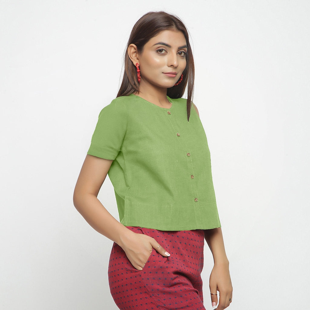 Olive Green Cotton Flax Button-Down Short Sleeves Shirt