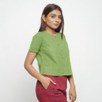 Olive Green Cotton Flax Button-Down Short Sleeves Shirt